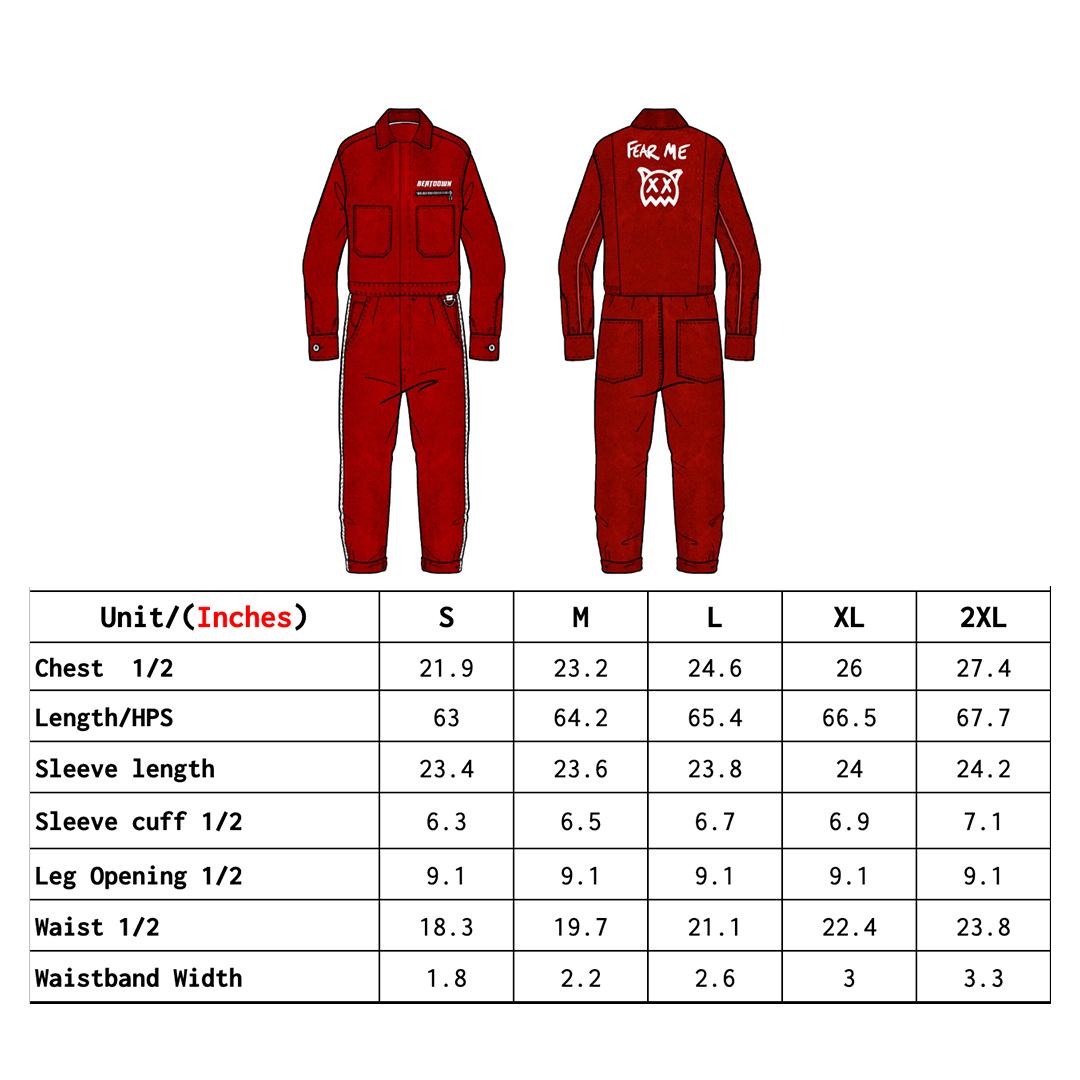 Red Ren jumpsuit with fitted design, featuring long sleeves and a stylish neckline, displayed on a neutral background.