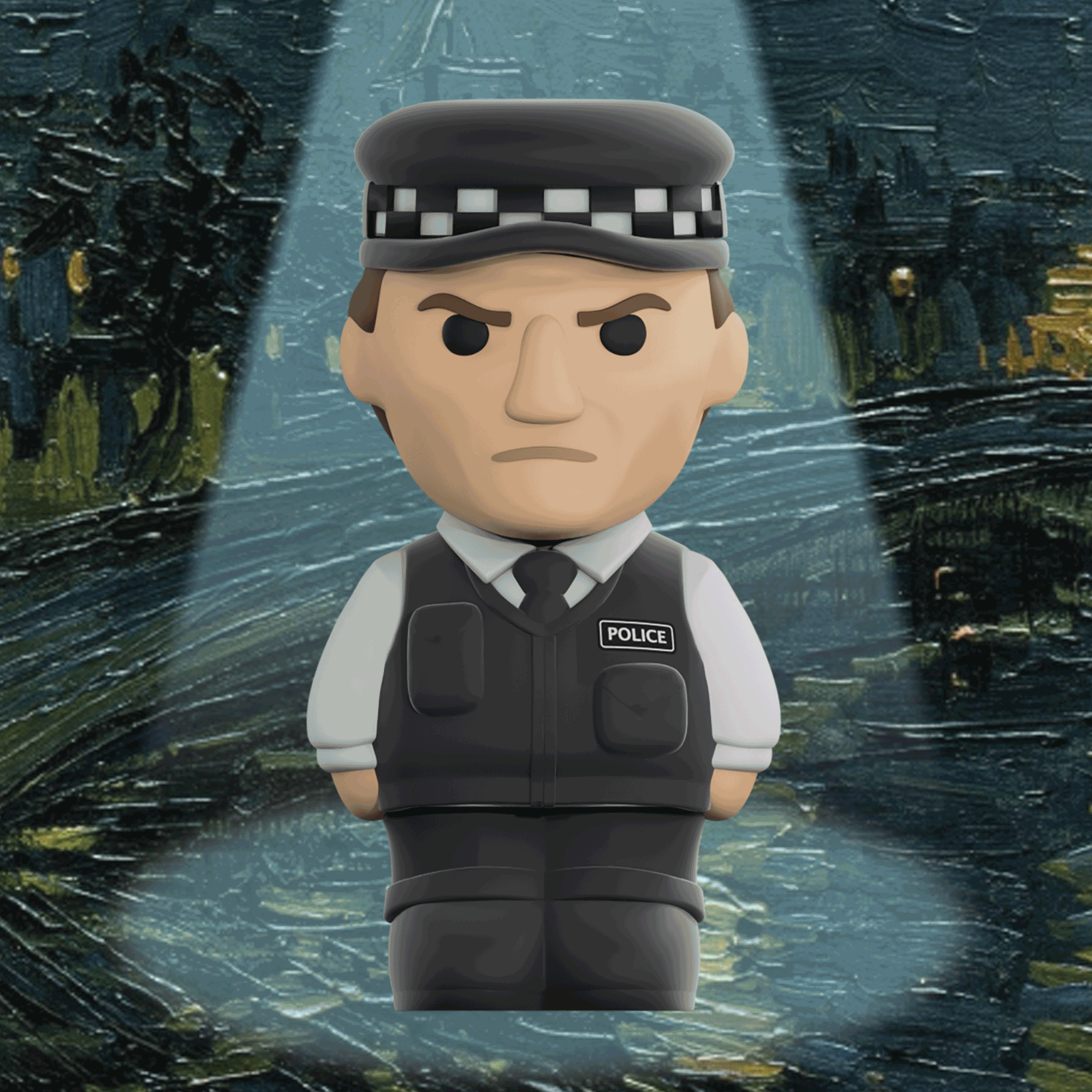 Ren policeman Richard figurine, detailed plastic collectible figure of a police officer in uniform, ideal for display or collection.