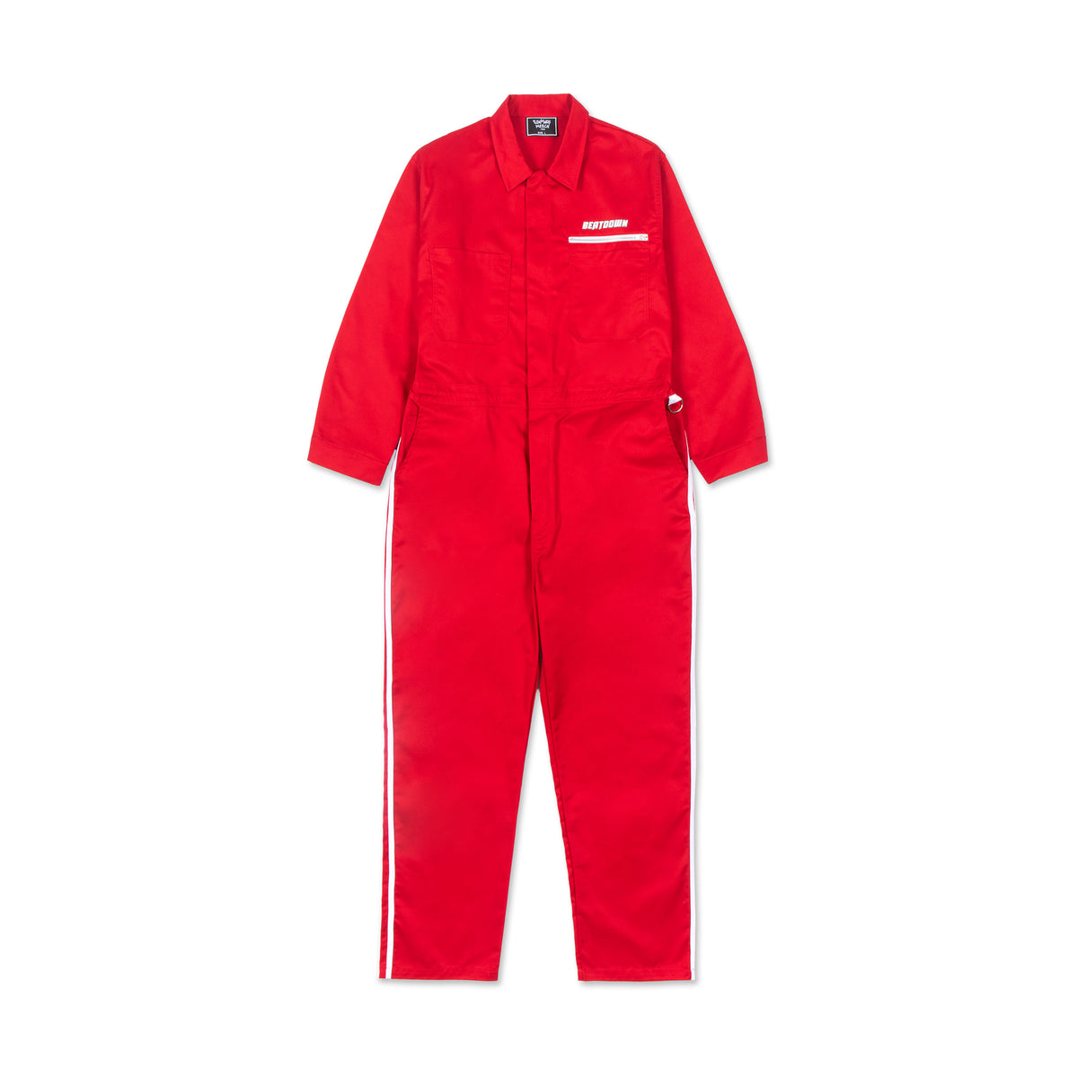 Front view of a stylish red jumpsuit by Ren, featuring a fitted design with a V-neck and sleeveless style.