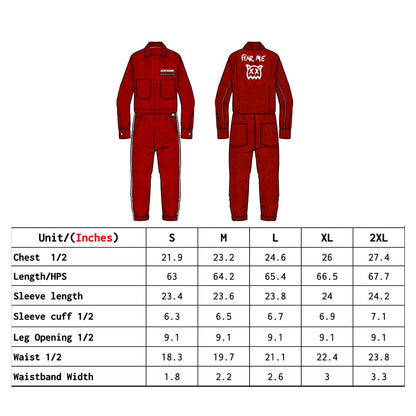 Red Ren jumpsuit with fitted design, featuring long sleeves and a stylish neckline, displayed on a neutral background.