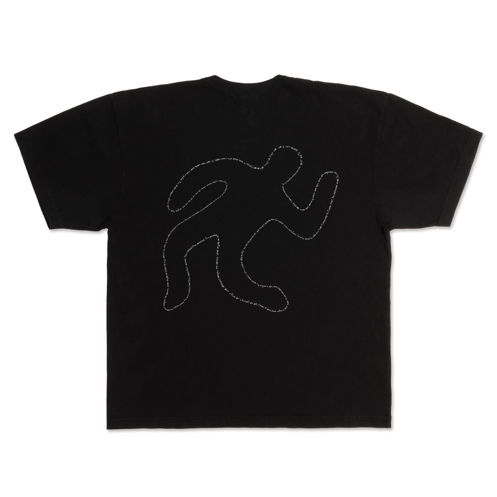 Back view of Ren chalk outline graphic T-shirt featuring a bold chalk outline design on the black fabric.