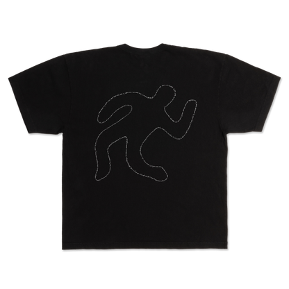Back view of Ren chalk outline graphic T-shirt featuring a bold chalk outline design on the black fabric.