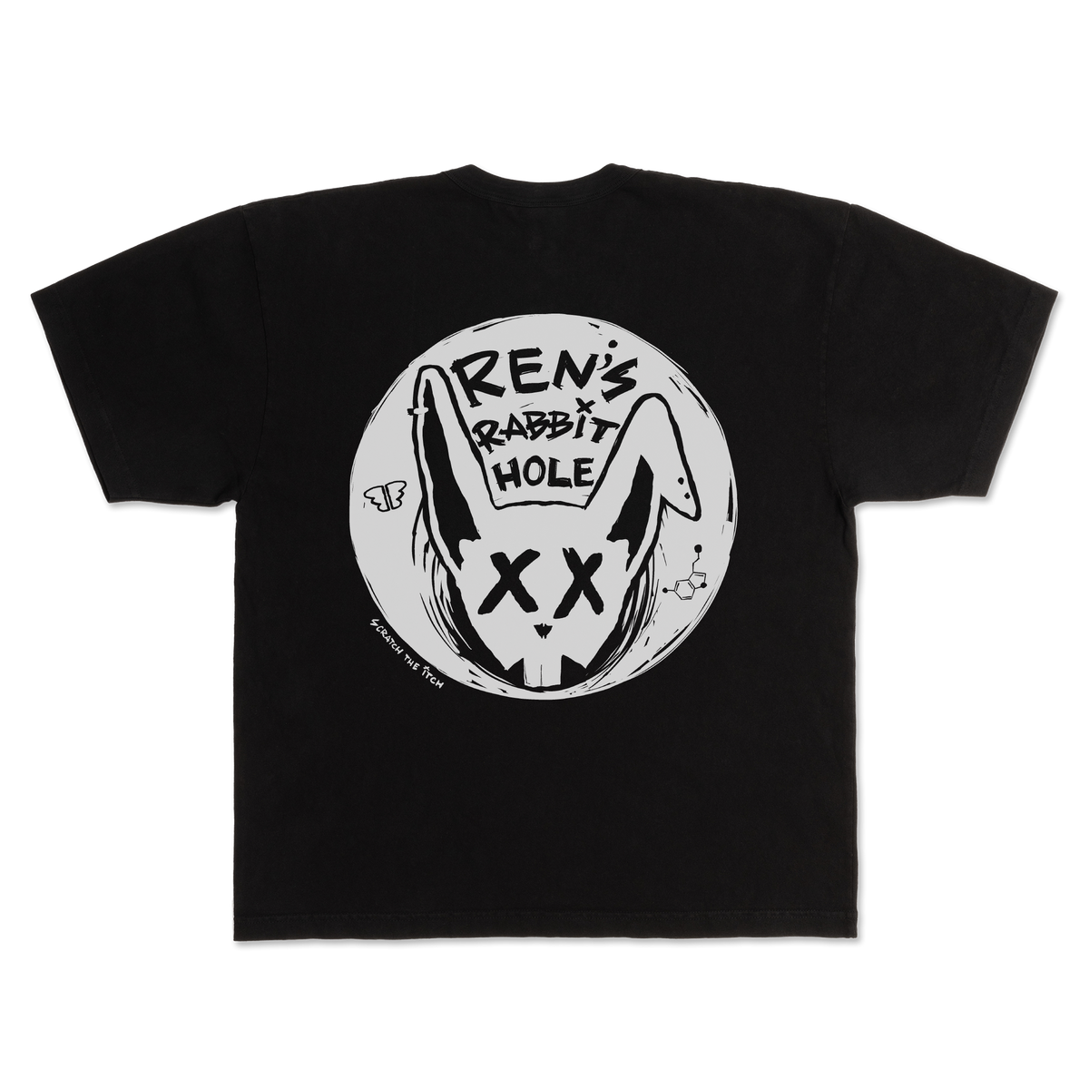 Back view of Ren Rabbit Hole black T-shirt featuring a graphic design on the back. Casual unisex tee for everyday wear.