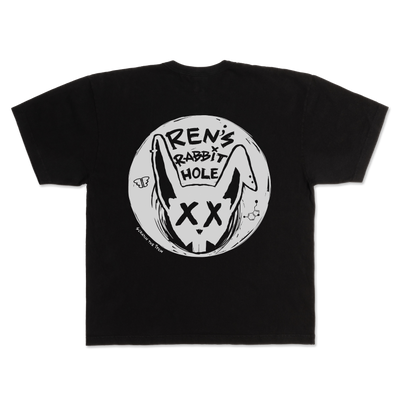 Back view of Ren Rabbit Hole black T-shirt, showcasing the graphic design on the upper back area.