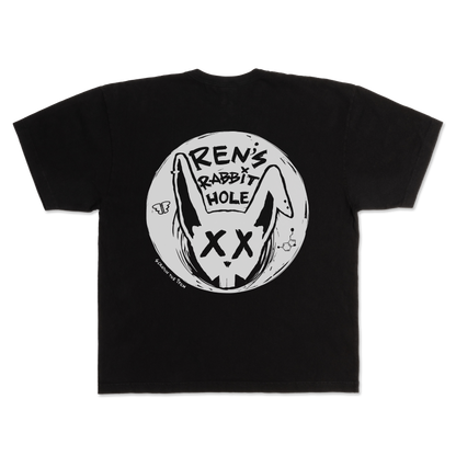 Back view of Ren Rabbit Hole black T-shirt featuring a graphic design on the back. Casual unisex tee for everyday wear.