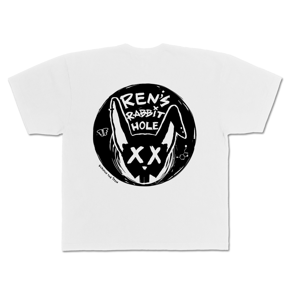 Back view of Ren brand white Ren Rabbit Hole T-shirt showing the printed design on the back.
