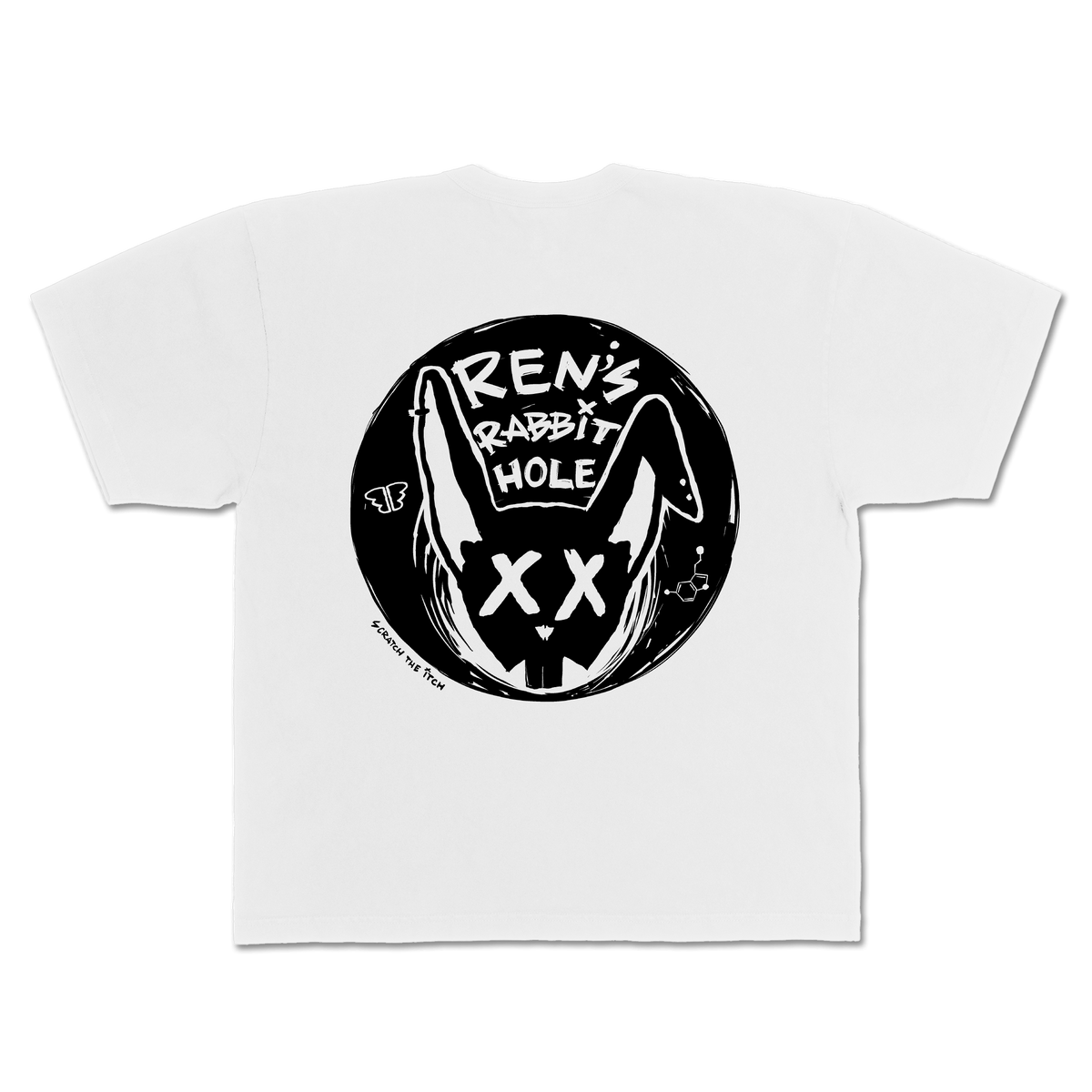 Back view of Ren brand white Ren Rabbit Hole T-shirt showing the printed design on the back.