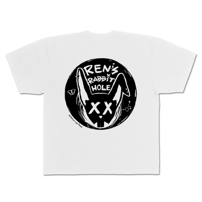 Back view of Ren brand white Ren Rabbit Hole T-shirt showing the printed design on the back.