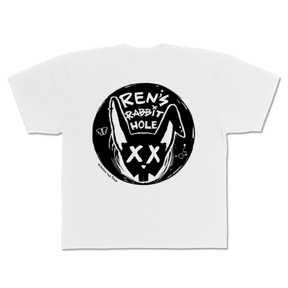 Back view of Ren brand white Ren Rabbit Hole T-shirt showing the printed design on the back.