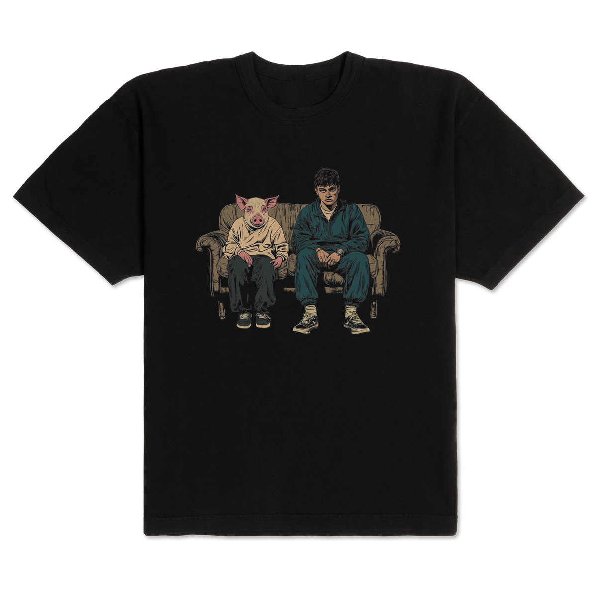 Ren Couch and Pig T-shirt featuring a front view design with playful artwork on a casual cotton tee.