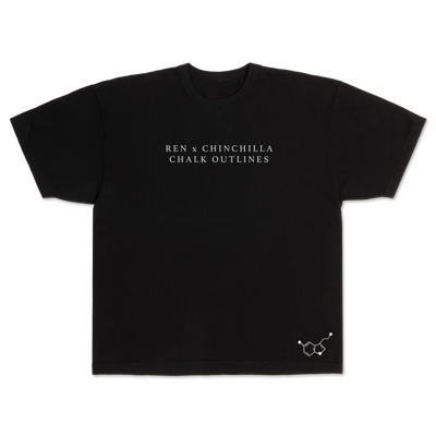 Ren x Chinchilla Chalk Outline T-shirt front view, showcasing graphic design and casual fit.