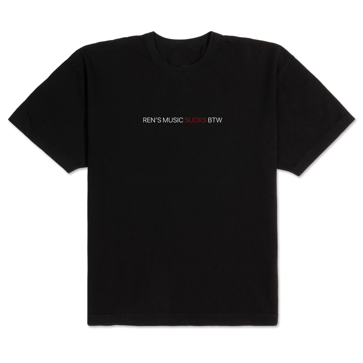 Red Ren's Music Sucks T-shirt displayed on a mannequin, featuring bold text on the front for a casual, edgy look.