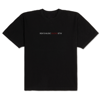Front view of Ren's Music Sucks T-shirt featuring bold graphic design on a casual black T-shirt.