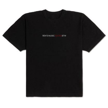 Red Ren's Music Sucks T-shirt displayed on a mannequin, featuring bold text on the front for a casual, edgy look.