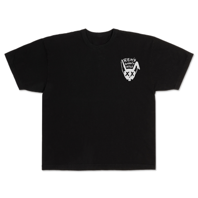 Black Ren Rabbit Hole T-shirt featuring a front design with rabbit hole graphic and branding on a casual cotton tee.