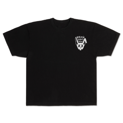 Front view of Ren Rabbit Hole black T-shirt, showcasing the graphic design on the front of this casual men's clothing.