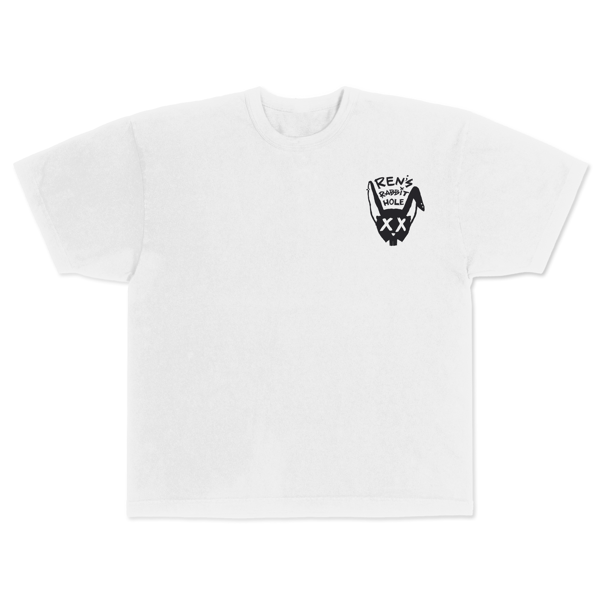 Front view of Ren Rabbit Hole white T-shirt featuring a simple, stylish design on soft cotton fabric.