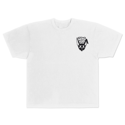 Front view of Ren Rabbit Hole white T-shirt featuring a simple, stylish design on soft cotton fabric.