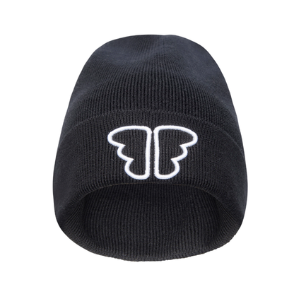 Black Freckled Angels beanie by Ren, showing a close-up of the front design with colorful freckles pattern and soft knit texture.