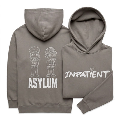 Ren Asylum Hoodie, a casual black hoodie with front pocket and adjustable drawstrings, shown on a hanger.