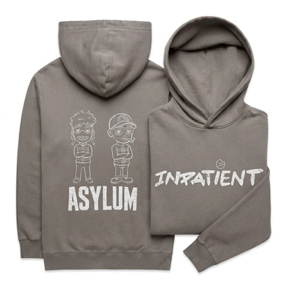 Ren Asylum Hoodie, a casual black hoodie with front pocket and adjustable drawstrings, shown on a hanger.