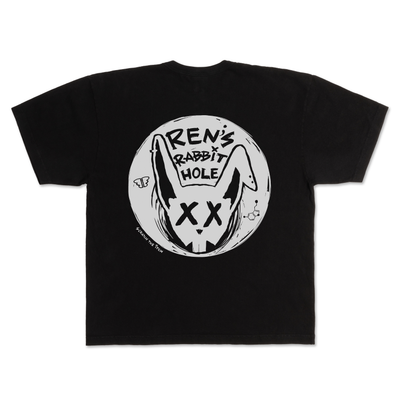 Black Ren Rabbit Hole T-shirt with back graphic design featuring a rabbit illustration and bold branding.