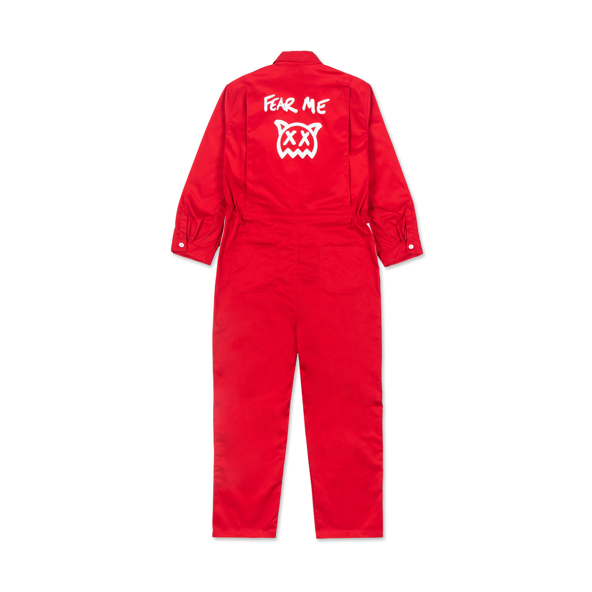 Back view of a stylish red jumpsuit by Ren, featuring a fitted silhouette and shoulder straps on a plain background.