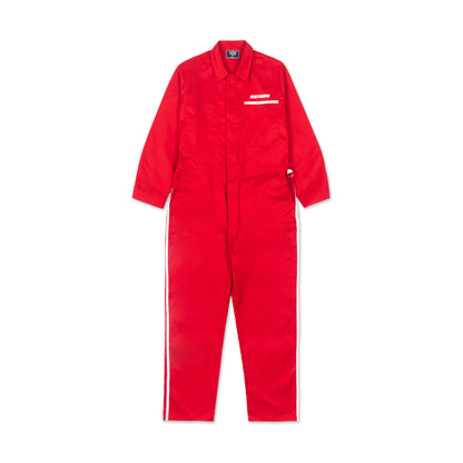 Front view of a stylish red jumpsuit by Ren, featuring a fitted design with a V-neck and sleeveless style.