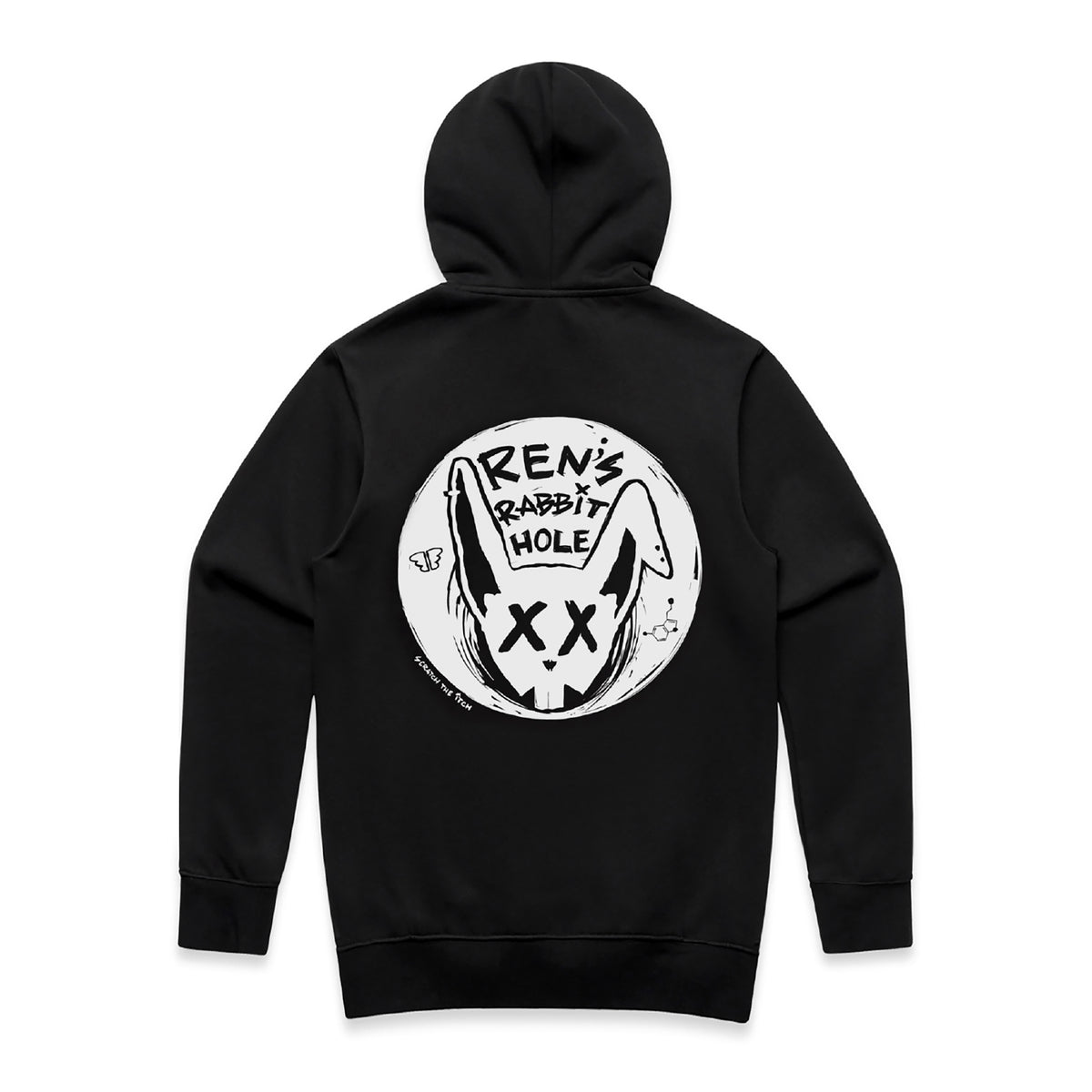 Back view of Ren Rabbit Hole Black hoodie featuring a printed design on the back, made of soft fabric, with a hood and long sleeves.