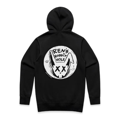 Back view of Ren Rabbit Hole Black hoodie featuring a printed design on the back, made of soft fabric, with a hood and long sleeves.