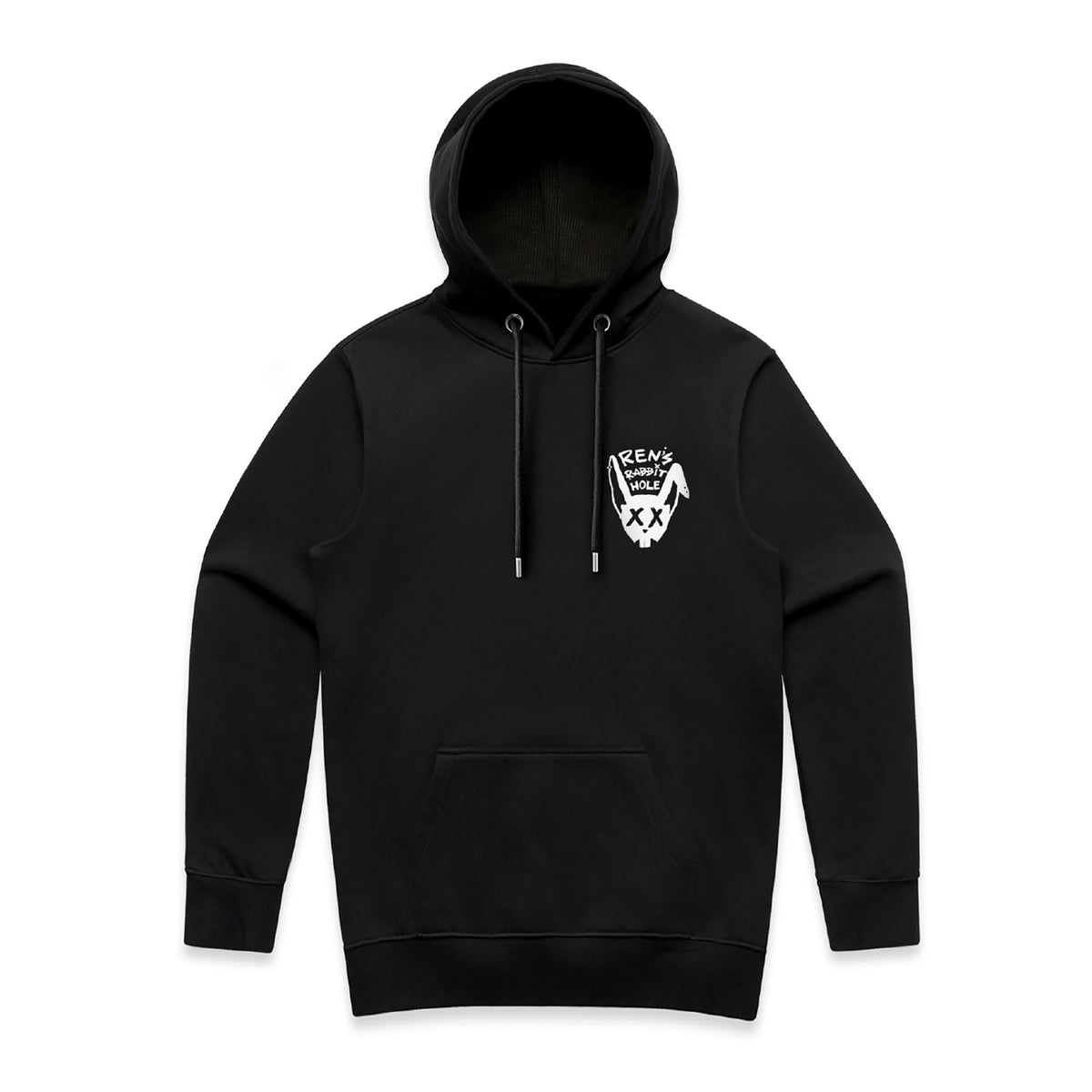 Black hoodie from Ren featuring a front design with the Rabbit Hole theme, made of soft, comfortable fabric.