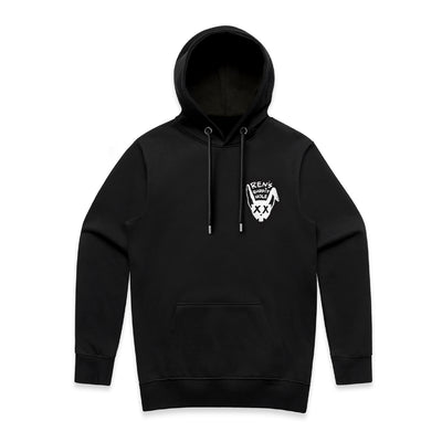 Black hoodie from Ren featuring a front design with the Rabbit Hole theme, made of soft, comfortable fabric.