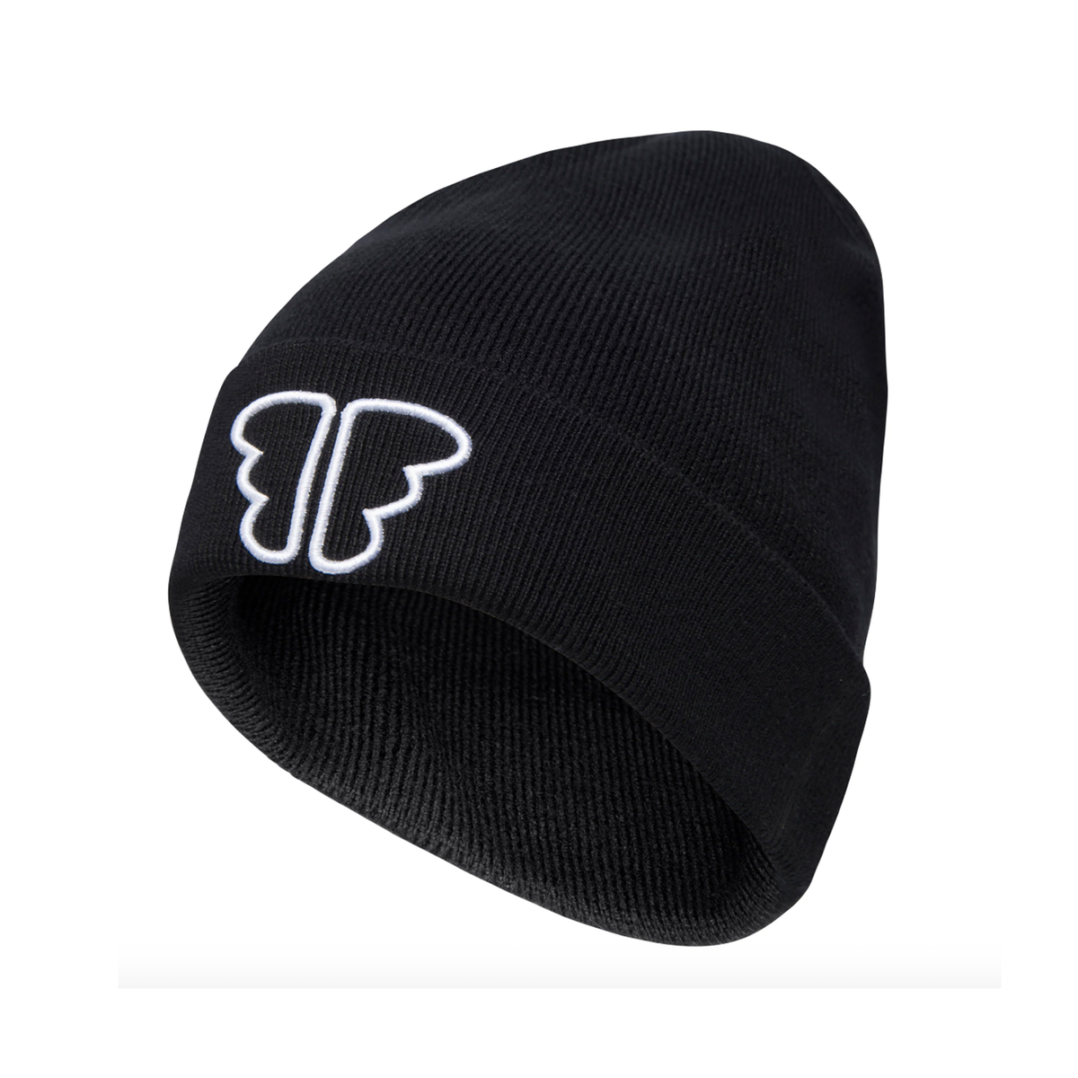 Black Freckled Angels beanie by Ren, shown from the side, featuring a snug knit design and subtle branding details.