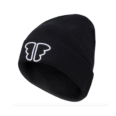Black Freckled Angels beanie by Ren, shown from the side, featuring a snug knit design and subtle branding details.