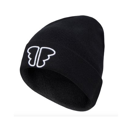 Black Freckled Angels beanie by Ren, shown from the side, featuring a snug knit design and subtle branding details.